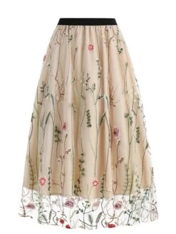 Women's Skirt Swing Midi Tulle Apricot Black White Red Skirts Fall & Winter Floral Embroidered High Waist Vintage Elegant Christmas Xmas Street M L XL -Xmas Cothing Store fykyrj1694271029737