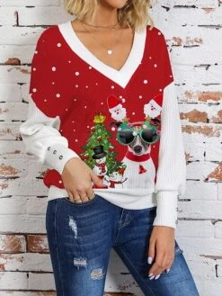 Women's Ugly Christmas Sweater Pullover Sweater Jumper V Neck Crochet Knit Print Drop Shoulder Fall Winter Regular Christmas Stylish Casual Soft Long Sleeve Santa Claus Snowflake Black Wine Beige S M -Xmas Cothing Store fzqcpl1697771293337