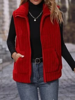 Women's Winter Coat Sherpa Vest Fleece Sleeveless Teddy Coat Christmas Xmas Gilet Fall Thermal Warm Windproof Heated Jacket Zip Up Red Coat