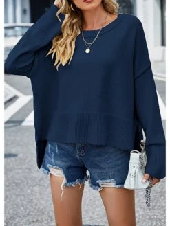 Women's Ugly Christmas Sweater Pullover Sweater Jumper Crew Neck Ribbed Knit Acrylic Split Flare Cuff Sleeve Fall Winter Regular Outdoor Christmas Daily Stylish Casual Soft Long Sleeve Solid Color -Xmas Cothing Store gakmou1696823517011