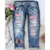 Women's Jeans Distressed Jeans Denim Blue Fashion Christmas Xmas Street Casual Side Pockets Baggy Micro-elastic Full Length Comfort Leopard S M L XL XXL / Cut Out / Ripped / Print -Xmas Cothing Store gaxefq1666251164799