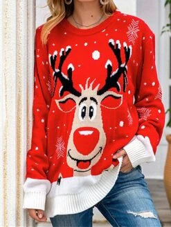Women's Ugly Christmas Sweater Pullover Sweater Jumper Crew Neck Ribbed Knit Polyester Patchwork Fall Winter Regular Xmas Daily Going Out Stylish Casual Soft Long Sleeve Elk Snowflake Black Red -Xmas Cothing Store gcecpr1695209489353