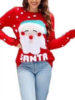 Women's Ugly Christmas Sweater Pullover Sweater Jumper Crew Neck Ribbed Knit Acrylic Oversized Fall Winter Short Xmas Daily Going Out Stylish Casual Soft Long Sleeve Letter Santa Claus Red -Xmas Cothing Store gcgdrl1695262586385
