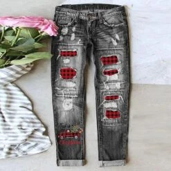 Women's Jeans Distressed Jeans Denim Light Blue Dark Blue Grey Fashion Christmas Xmas Street Casual Side Pockets Baggy Micro-elastic Full Length Comfort Graphic S M L XL XXL / Cut Out / Ripped