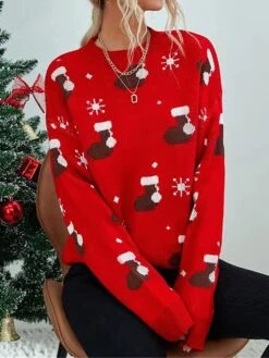 Women's Ugly Christmas Sweater Pullover Sweater Jumper Crew Neck Ribbed Knit Polyester Patchwork Fall Winter Regular Outdoor Christmas Daily Stylish Casual Soft Long Sleeve Geometric Snowflake Red -Xmas Cothing Store gclmhf1697103886076