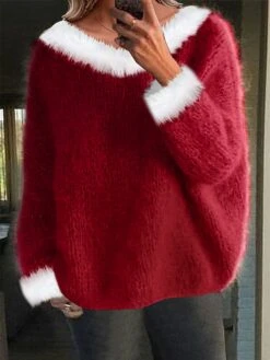 Women's Pullover Sweater Jumper V Neck Fuzzy Knit Cotton Blend Patchwork Oversized Fall Winter Regular Christmas Daily Stylish Vintage Style Long Sleeve Solid Color Wine Green S M L