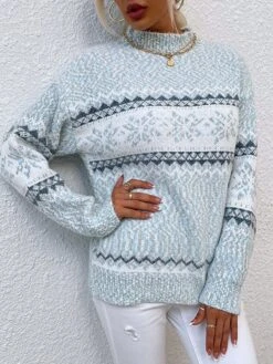 Women's Pullover Sweater Jumper Turtleneck Ribbed Knit Acrylic Knitted Fall Winter Christmas Daily Xmas Holiday Vintage Style Long Sleeve Snowflake Pink Blue Apricot S M L -Xmas Cothing Store gfcxrq1630893284292 1