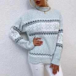 Women's Ugly Christmas Sweater Pullover Sweater Jumper Turtleneck Ribbed Knit Acrylic Knitted Fall Winter Xmas Holiday Vintage Style Long Sleeve Snowflake Pink Blue Apricot S M L -Xmas Cothing Store gfcxrq1630893284292