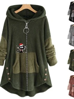 Women‘s Plus Size Christmas Fleece Jacket Teddy Coat Warm Button Pocket Animal Cat Causal Long Sleeve Hooded Regular Xmas Winter Fall Green Pink Dark Gray L XL XXL 3XL 4XL