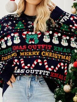 Women's Ugly Christmas Sweater Pullover Sweater Jumper Crew Neck Ribbed Knit Acrylic Knitted Fall Winter Outdoor Christmas Daily Stylish Casual Soft Long Sleeve Letter Snowman Xmas Tree Navy Blue -Xmas Cothing Store ghhkvi1667543493057