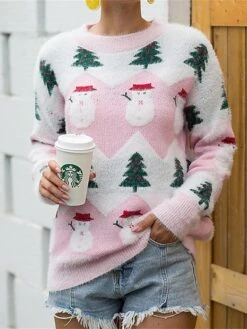 Women's Christmas Sweater Pullover Sweater Jumper Christmas Sweaters Crew Neck Ribbed Knit Acrylic Knitted Print Fall Winter Regular Outdoor Christmas Daily Stylish Casual Soft Long Sleeve