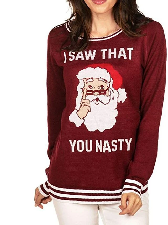 Women's Ugly Christmas Sweater Pullover Sweater Jumper Crew Neck Ribbed Knit Acrylic Stripe Knitted Fall Winter Outdoor Xmas Daily Stylish Casual Soft Long Sleeve Letter Santa Claus Striped Wine 5 Women's Ugly Christmas Sweater Pullover Sweater Jumper Crew Neck Ribbed Knit Acrylic Stripe Knitted Fall Winter Outdoor Xmas Daily Stylish Casual Soft Long Sleeve Letter Santa Claus Striped Wine - Image 3