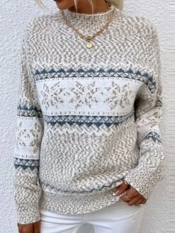 Women's Ugly Christmas Sweater Pullover Sweater Jumper Stand Collar Ribbed Knit Polyester Patchwork Fall Winter Regular Outdoor Christmas Daily Stylish Casual Soft Long Sleeve Snowflake Pink Blue -Xmas Cothing Store giopkp1696903367099