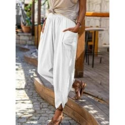 Women‘s Cotton Linen Pants With Side Pockets Christmas Wide-Leg Loose Casual Summer Fall White Light Blue S 2XL -Xmas Cothing Store gjsvls1654063846369