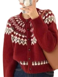Women's Ugly Christmas Sweater Cardigan Sweater Crew Neck Ribbed Knit Rayon Patchwork Button Fall Winter Xmas Daily Going Out Stylish Casual Soft Long Sleeve Geometric Color Block Red Navy Blue