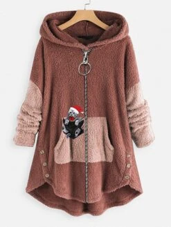 Women‘s Plus Size Christmas Fleece Jacket Teddy Coat Warm Button Pocket Animal Cat Causal Long Sleeve Hooded Regular Winter Fall Xmas Green Pink Dark Gray L XL XXL 3XL 4XL -Xmas Cothing Store glawft1667564274523