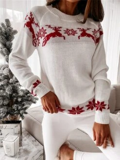 Women's Ugly Christmas Sweater Pullover Sweater Jumper Crew Neck Ribbed Knit Acrylic Patchwork Fall Winter Regular Outdoor Xmas Daily Stylish Casual Soft Long Sleeve Elk Snowflake White Red Green -Xmas Cothing Store glaxnl1695209509554