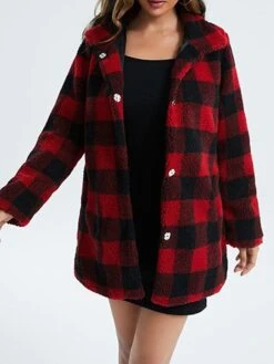 Women's Fleece Jacket Sherpa Jacket Coat Warm Breathable Outdoor Christmas Daily Vacation Xmas Pocket Single Breasted Turndown Plush Comfortable Street Style Shacket Plaid Regular Fit Outerwear Long -Xmas Cothing Store glnppd1665214321650