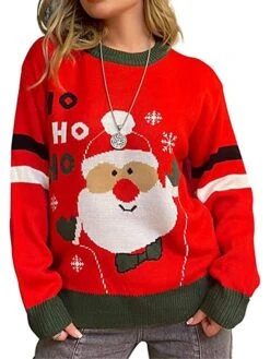 Women's Ugly Christmas Sweater Pullover Sweater Jumper Crew Neck Ribbed Knit Polyester Knitted Fall Winter Regular Outdoor Christmas Daily Stylish Casual Soft Long Sleeve Letter Santa Claus Striped -Xmas Cothing Store glpyyy1697290686660