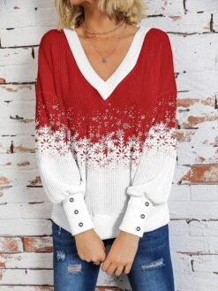 Women's Pullover Sweater Jumper V Neck Crochet Knit Cotton Blend Print Drop Shoulder Fall Winter Regular Christmas Stylish Casual Soft Long Sleeve Snowflake Wine Red S M L -Xmas Cothing Store gmdgxk1696918423741