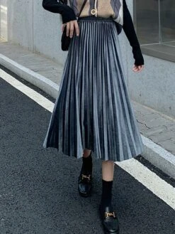 Women's Skirt A Line Swing Midi Gold Velvet Wine Red Black Pink Navy Blue Skirts Fall & Winter Pleated High Waist Fashion Elegant Christmas Xmas Street M L XL -Xmas Cothing Store gmrlps1694689580871