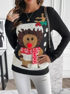 Women's Ugly Christmas Sweater Pullover Sweater Jumper Crew Neck Ribbed Knit Acrylic Patchwork Fall Winter Regular Outdoor Xmas Daily Stylish Casual Soft Long Sleeve Animal Elk Black S M L -Xmas Cothing Store gniffz1695111136346