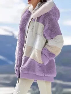 Women's Plus Size Fleece Sherpa Jacket Teddy Coat With Hood Christmas Windproof Warm Zipper Coat Fashion Plush Outdoor Xmas Casual Color Block Regular Fit Outerwear Long Sleeve Fall -Xmas Cothing Store goaifm1695715086063
