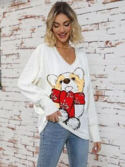 Women's Ugly Christmas Sweater Pullover Sweater Jumper V Neck Ribbed Knit Polyester Knitted Print Fall Winter Regular Outdoor Christmas Holiday Daily Stylish Casual Long Sleeve Animal Wine Red S M L