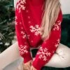 Women's Ugly Christmas Sweater Pullover Sweater Jumper Stand Collar Ribbed Knit Polyester Patchwork Fall Winter Regular Outdoor Christmas Daily Stylish Casual Soft Long Sleeve Snowflake Red S M L -Xmas Cothing Store gpairu1697103871994