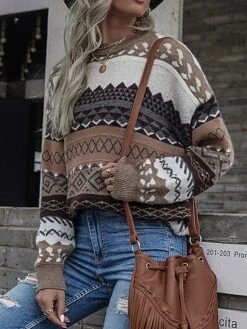 Women's Ugly Christmas Sweater Pullover Sweater Jumper Crew Neck Ribbed Knit Woolen Patchwork Fall Winter Regular Outdoor Christmas Daily Stylish Ethnic Style Casual Long Sleeve Geometric Striped Red -Xmas Cothing Store gpfpek1696992136883
