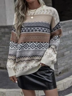 Women's Ugly Christmas Sweater Pullover Sweater Jumper Crew Neck Ribbed Knit Woolen Patchwork Fall Winter Regular Outdoor Christmas Daily Stylish Ethnic Style Casual Long Sleeve Geometric Striped Red -Xmas Cothing Store gqjsyx1696992130868