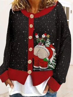 Women's Ugly Christmas Sweater Cardigan Sweater Crew Neck Ribbed Knit Polyester Button Print Fall Winter Regular Outdoor Xmas Holiday Stylish Casual Soft Long Sleeve Geometric Striped Print