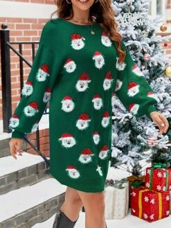 Women's Ugly Christmas Sweater Dress Crew Neck Ribbed Knit Polyester Patchwork Tassel Fall Winter Long Christmas Daily Going Out Xmas Stylish Casual Soft Long Sleeve Santa Claus Black Pink Green S -Xmas Cothing Store grxzhx1695029184475