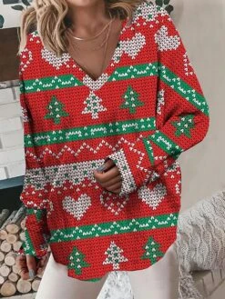 Women's Pullover Sweater Jumper V Neck Crochet Knit Polyester Print Fall Winter Christmas Holiday Casual Soft Long Sleeve Snowman Xmas Tree Red Brown Black White S M L -Xmas Cothing Store gscsat1693395698219