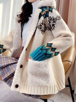 Women's Ugly Christmas Sweater Cardigan Sweater Shirt Collar Ribbed Knit Polyester Button Pocket Fall Winter Regular Outdoor Christmas Daily Stylish Casual Soft Long Sleeve Geometric Snowflake Red -Xmas Cothing Store gsihzm1696903337730