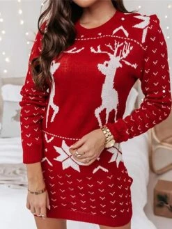 Women's Sweater Dress Crew Neck Ribbed Knit Acrylic Patchwork Fall Winter Long Christmas Daily Going Out Xmas Stylish Casual Soft Long Sleeve Elk Snowflake Red S M L -Xmas Cothing Store gstsvn1694777355233