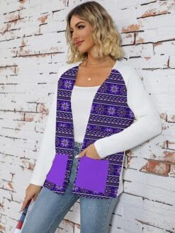 Women's Ugly Christmas Sweater Cardigan Sweater Jacket Open Front Ribbed Knit Polyester Patchwork Knitted Front Pocket Fall Winter Regular Outdoor Christmas Holiday Daily Stylish Casual Long Sleeve -Xmas Cothing Store gsyfby1697290702409