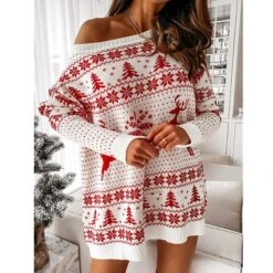 Women's Christmas Sweater Dress Round Neck Long Sleeve Xmas Red Ethnic Elk Pine Tree Snowflake Polka Dot Pattern Jacquard Sweater Dresses