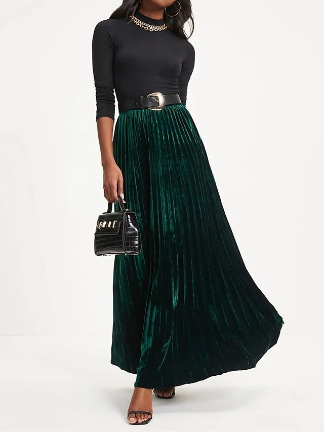 Women's Skirt Swing Maxi Skirt Gold Velvet Wine Red Dark Green Skirts Fall & Winter Pleated High Waist Fashion Elegant Christmas Xmas StreetM L XL 8 Women's Skirt Swing Maxi Skirt Gold Velvet Wine Red Dark Green Skirts Fall & Winter Pleated High Waist Fashion Elegant Christmas Xmas StreetM L XL - Image 6