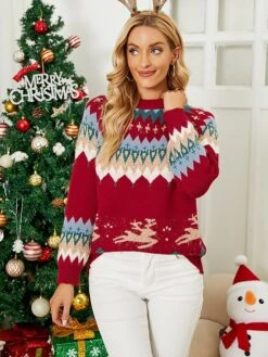 Women's Pullover Sweater Jumper Crew Neck Crochet Knit Acrylic Polyester Embroidery Spring Fall Winter Christmas Daily Holiday Stylish Casual Long Sleeve Snowman Xmas Tree Snowflake Red Blue -Xmas Cothing Store gwlusb1693561350179