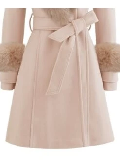 Women's Winter Coat Long Overcoat With Faux Fur Wool Blend Belted Dress Coat Open Front Lapel Pea Coat Fall Elegant Lady Jacket Christmas Party Outerwear Pink Red -Xmas Cothing Store gxbpcy1669383417686