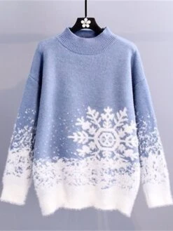 Women's Pullover Sweater Jumper Crew Neck Ribbed Knit Acrylic Oversized Fall Winter Short Christmas Daily Going Out Xmas Stylish Casual Soft Long Sleeve Snowflake Pink Red Blue S M L -Xmas Cothing Store gyaooj1695175911729