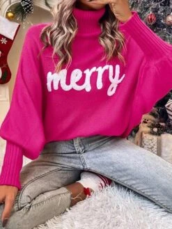 Women's Ugly Christmas Sweater Pullover Sweater Jumper Turtleneck Ribbed Knit Acrylic Oversized Batwing Sleeve Fall Winter Regular Xmas Daily Going Out Stylish Casual Soft Long Sleeve Letter Red -Xmas Cothing Store gylpda1695209505448