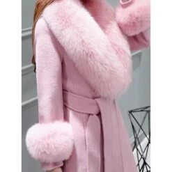 Women's Winter Coat Long Overcoat With Faux Fur Wool Blend Belted Dress Coat Open Front Lapel Pea Coat Fall Elegant Lady Jacket Christmas Party Xmas Outerwear Pink Red -Xmas Cothing Store gzntbx1669863953014 1