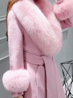 Women's Winter Coat Long Overcoat With Faux Fur Wool Blend Belted Dress Coat Open Front Lapel Pea Coat Fall Elegant Lady Jacket Christmas Party Outerwear Pink Red -Xmas Cothing Store gzntbx1669863953014