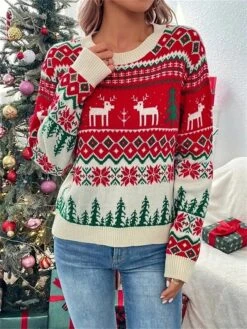 Women's Ugly Christmas Sweater Pullover Sweater Jumper Christmas Sweaters Crew Neck Ribbed Knit Acrylic Knitted Fall Winter Regular Outdoor Christmas Daily Stylish Casual Soft Long Sleeve Geometric -Xmas Cothing Store hbyimq1697290679858