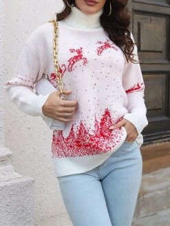 Women's Ugly Christmas Sweater Pullover Sweater Jumper Turtleneck Ribbed Knit Acrylic Patchwork Fall Winter Regular Outdoor Christmas Daily Stylish Casual Soft Long Sleeve Elk Christmas Tree White Red -Xmas Cothing Store hbylan1697103889145