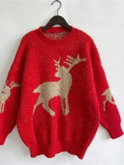 Women's Ugly Christmas Sweater Pullover Sweater Jumper Crew Neck Ribbed Knit Acrylic Oversized Fall Winter Regular Outdoor Xmas Daily Stylish Casual Soft Long Sleeve Elk Red Beige S M L -Xmas Cothing Store hcxbsy1696823479265