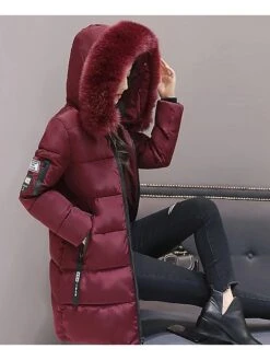 Women's Puffer Jacket Long With Pockets Slim Fit Fur Collar Coat Powder Bean Green White Black Gray Classic Style Christmas Winter Zipper Hoodie Regular Fit M L XL XXL XXXL / Daily / Windproof -Xmas Cothing Store hdefqa1638844885577