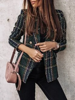 Women's Christmas Blazer Xmas Tweed Blazer Jacket Plaid Print Office Formal Casual Winter Coat Double Breasted Lapel Jacket Warm Fashion Outerwear Long Sleeve Fall Wine S -Xmas Cothing Store hdlnbr1695693122660